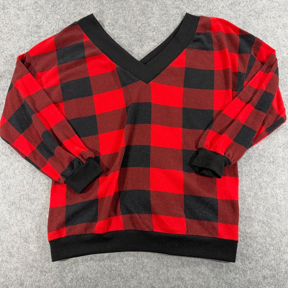 Adreamly Red Black Buffalo Plaid V-Neck Pullover Top Women Medium